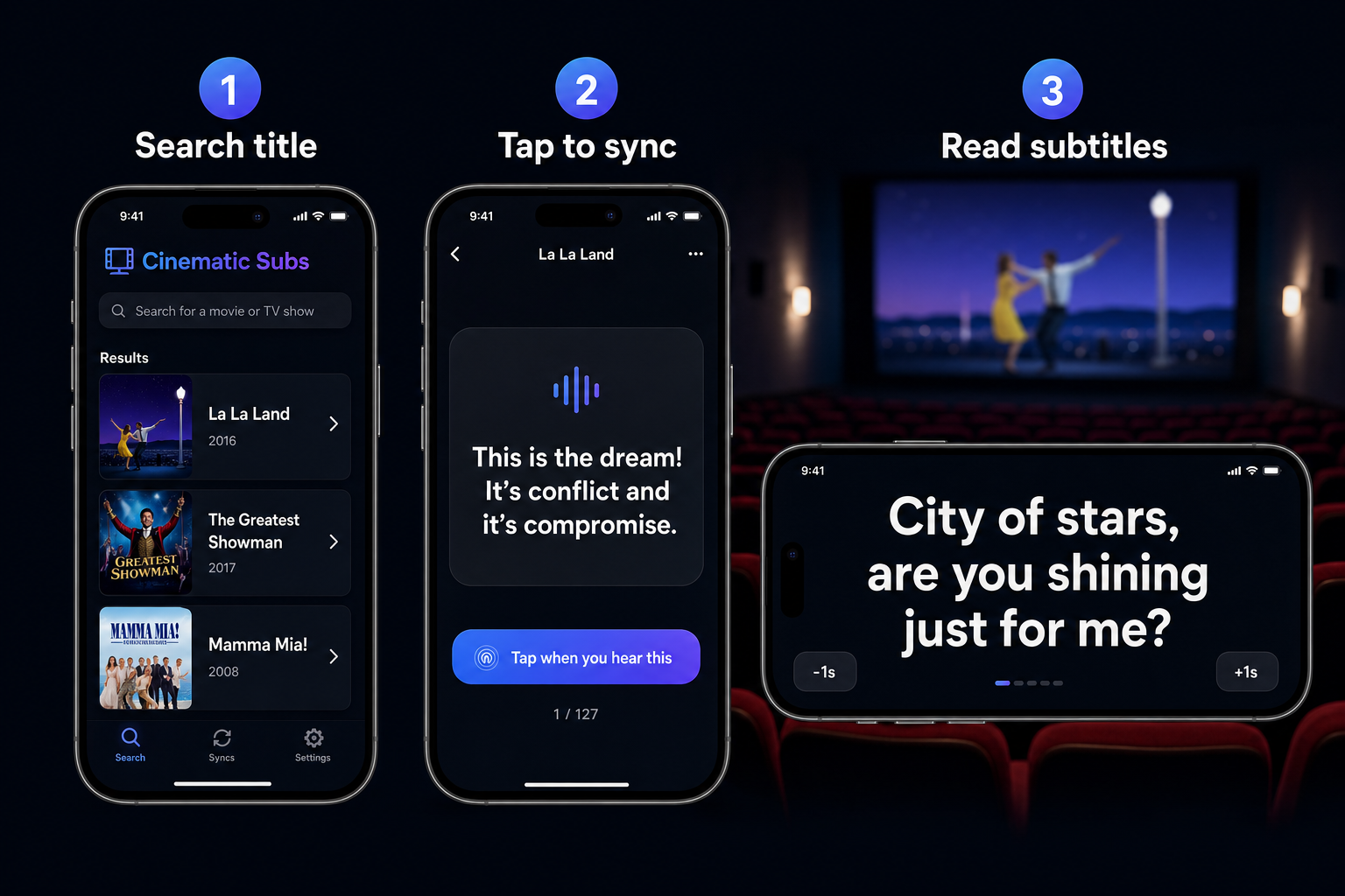 3 steps: search a title, tap to sync, read subtitles